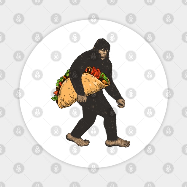 Funny Bigfoot Carrying Taco Magnet by Tesszero